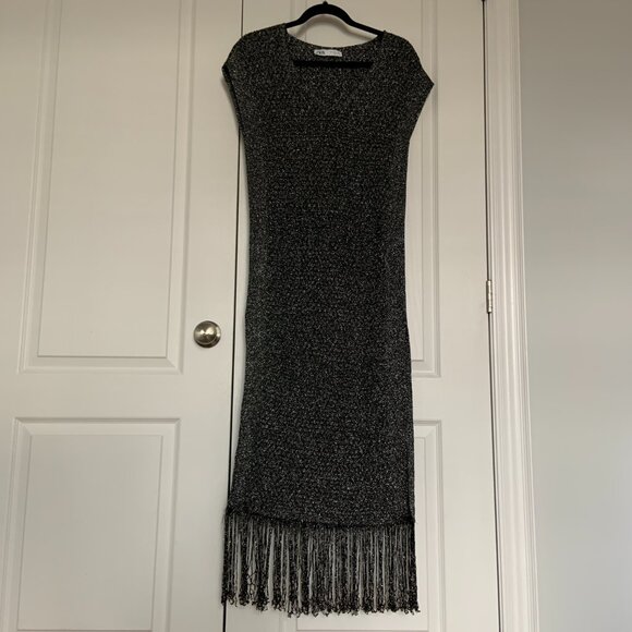 Women's Zara Knit Midi Metallic Black Silver V-Neck Dress Fringe Bottom Size S - Picture 9 of 14